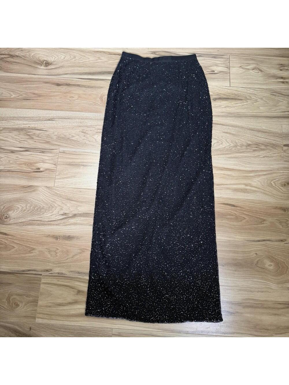 Cache Vintage Black Silk Beaded Maxi Skirt Formal Y2K Whimsigoth Size 2